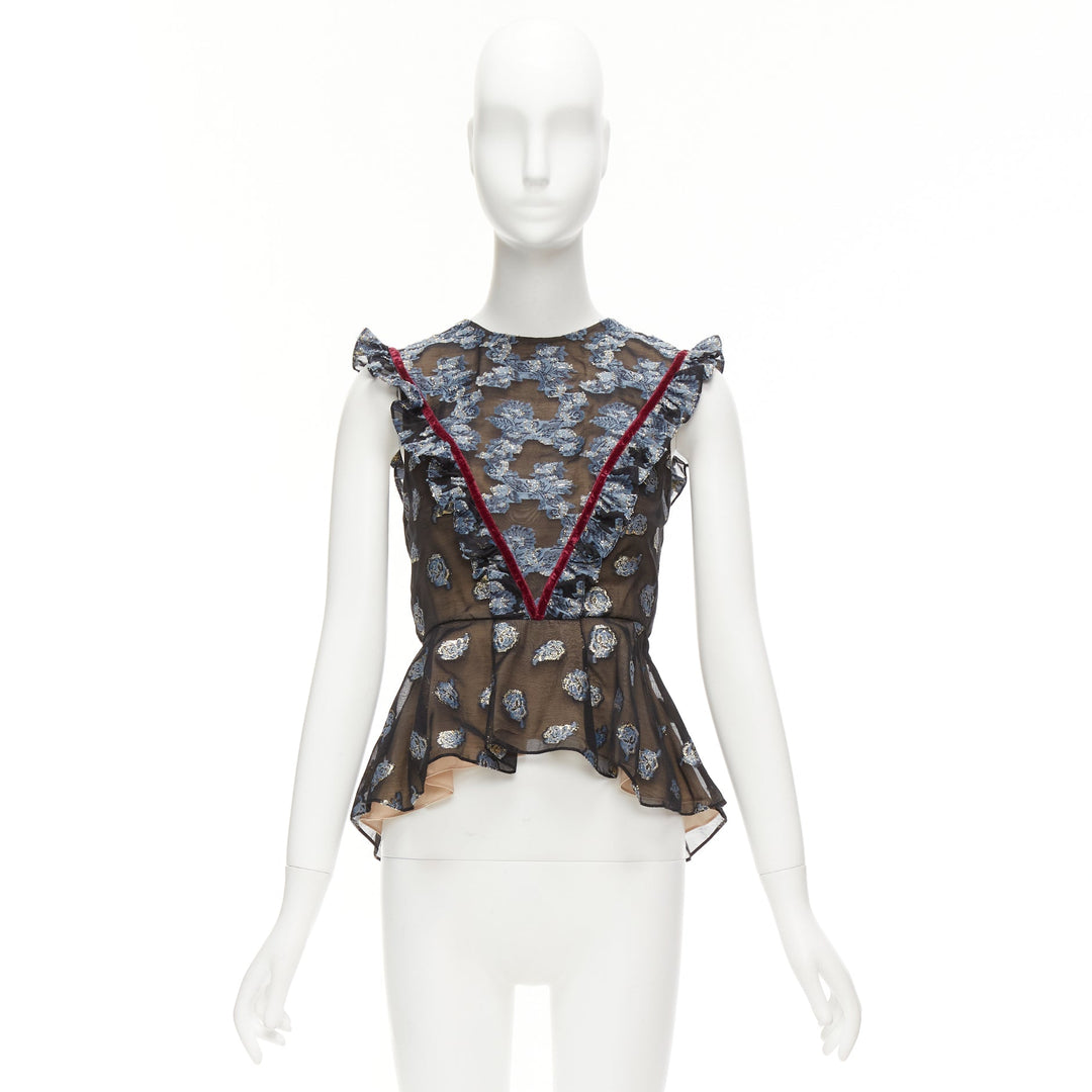 ERDEM 2016 multicolour velvet trim gold blue jacquard frill peplum top UK6 XS