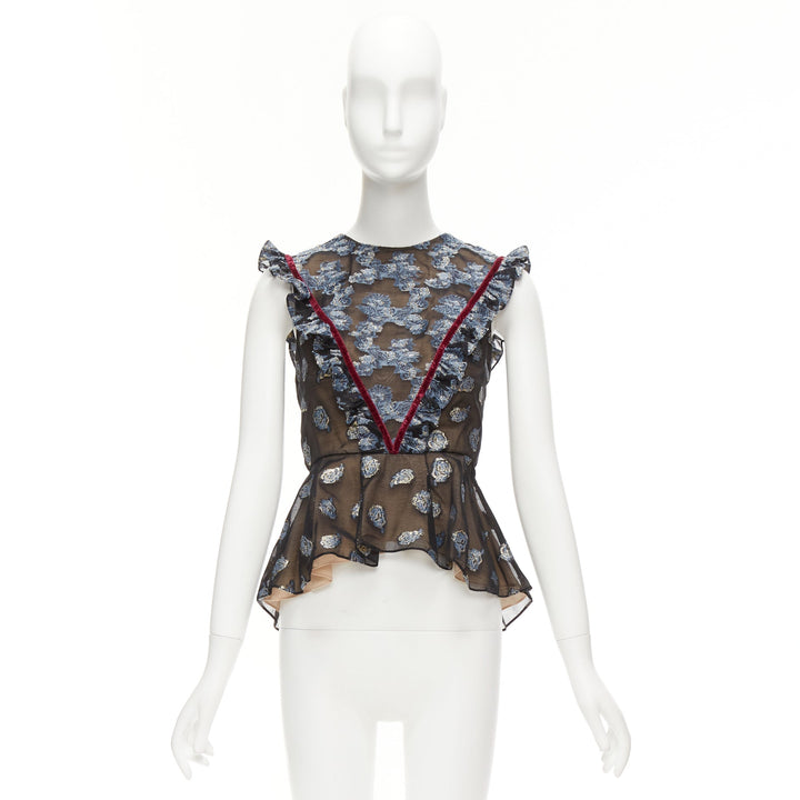 ERDEM 2016 multicolour velvet trim gold blue jacquard frill peplum top UK6 XS