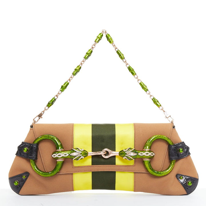 rare GUCCI Tom Ford 2004 green Dragon Horsebit crystal tan yellow canvas bag