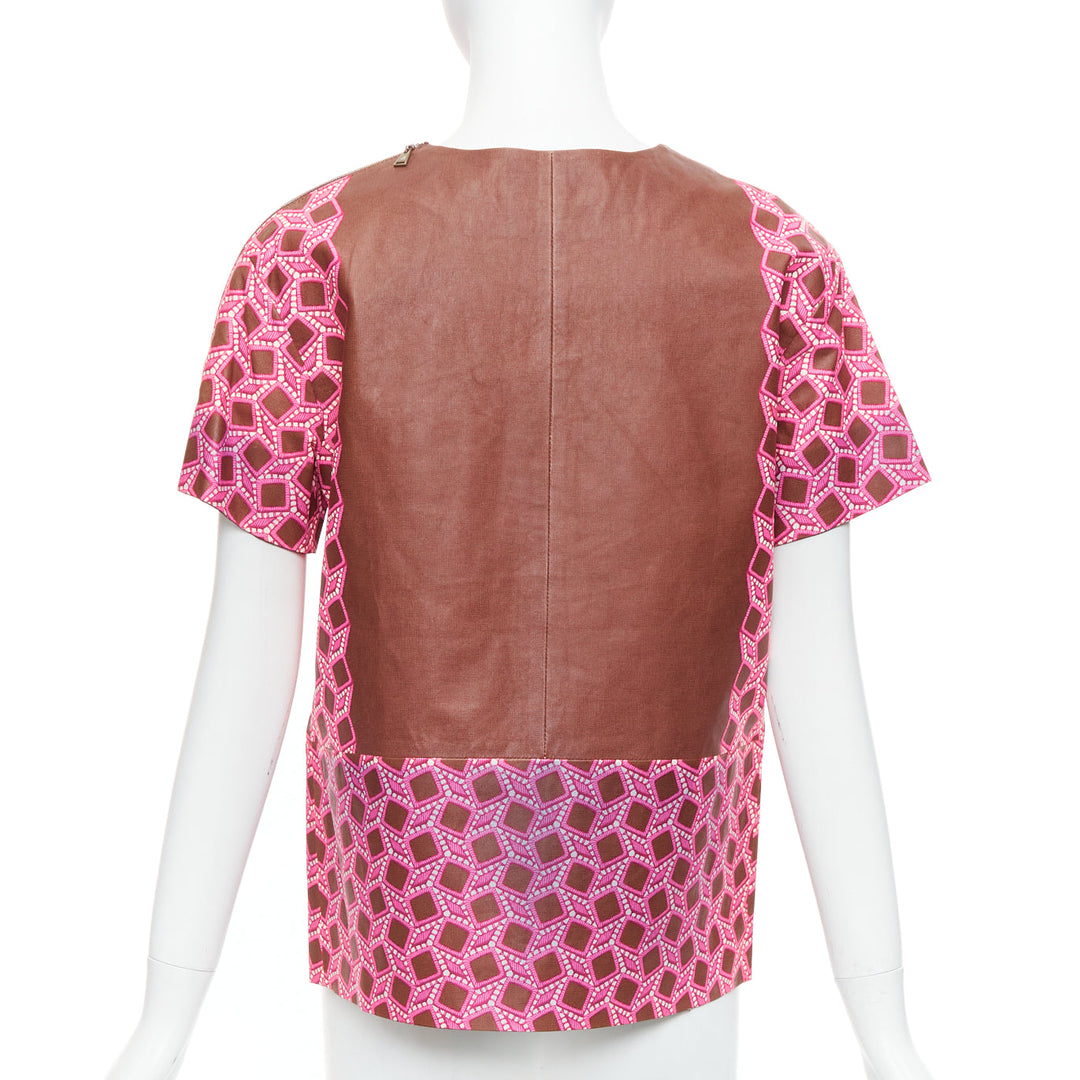 rare LOUIS VUITTON leather pink enlarged lattice lace print boxy top FR36 S