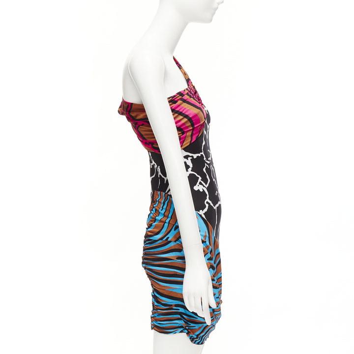 VERSACE Runway mixed giraffe print gold logo clip body con wiggle dress IT36 XXS