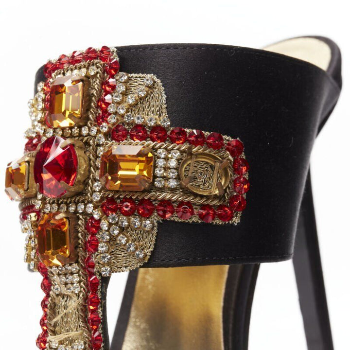 VERSACE 2018 Tribute Byzantine Cross Jewel crystal black satin sandals EU38