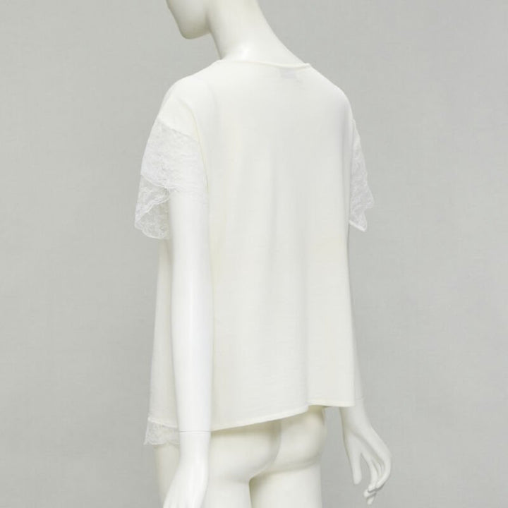 LANVIN cream white wool blend lace trim knitted pullover top M