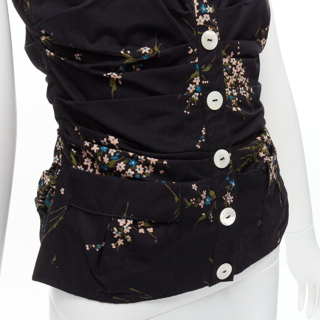 DOLCE GABBANA black floral print cross back lace trim corset top IT42 M