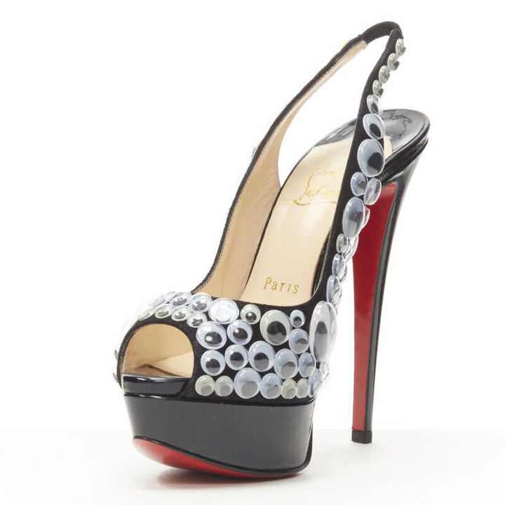 CHRISTIAN LOUBOUTIN Deja Vu 150 black patent eyeball peeptoe sling platform EU36