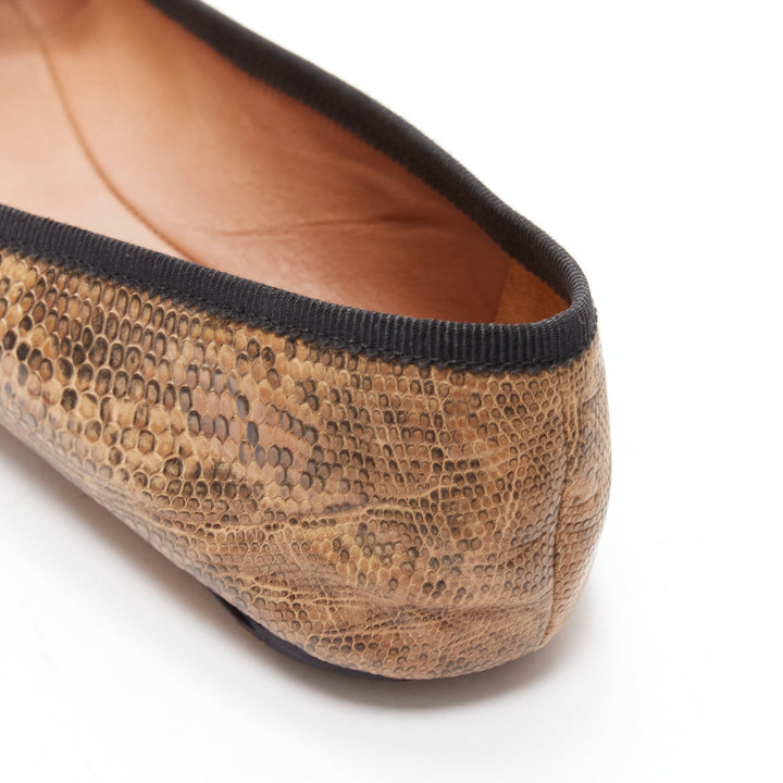 ALAIA brown scaled leather black bow trim ballerina flats shoes EU37