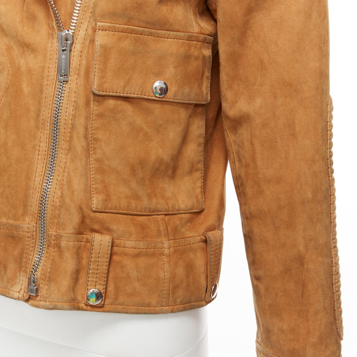 GOLDEN GOOSE tobacco brown distressed suede silver stud logo biker jacket