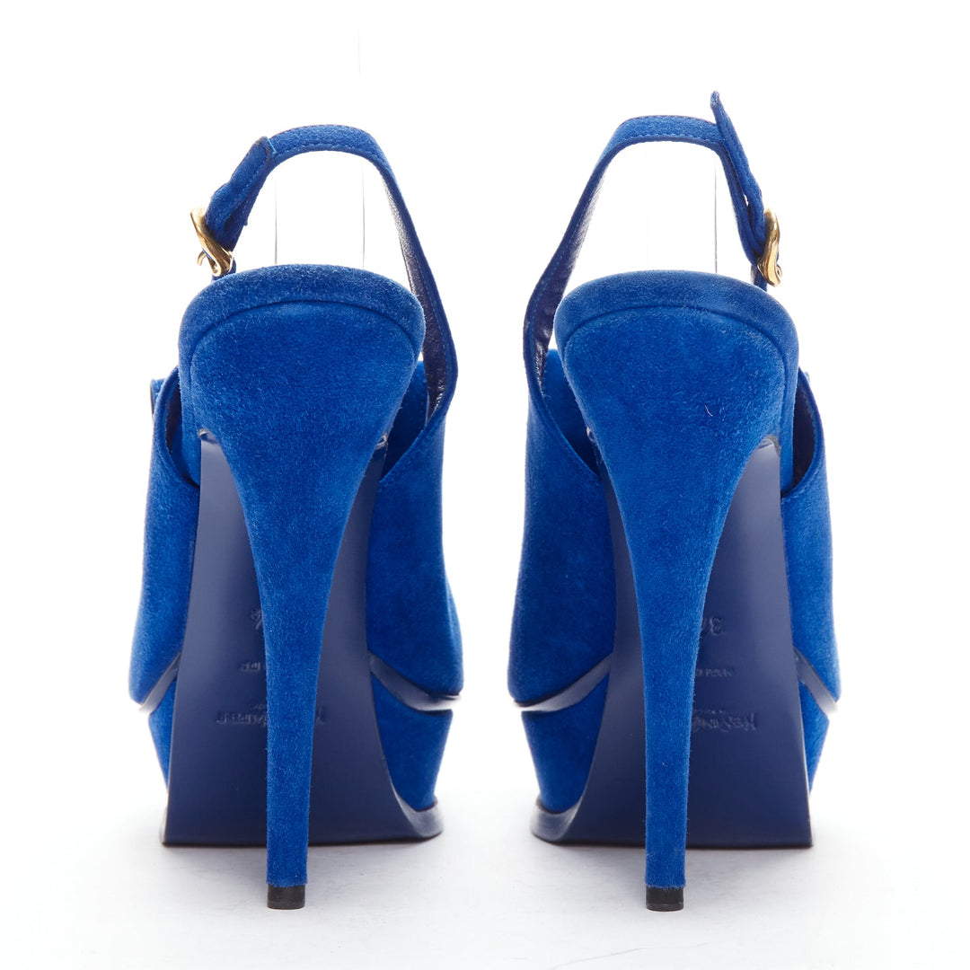 YVES SAINT LAURENT Tribute cobalt blue suede fringe chain platform EU37.5