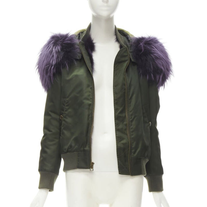 MR AND MRS ITALY green nylon purple fox fur fully lined MA-1 bomber jacket XS