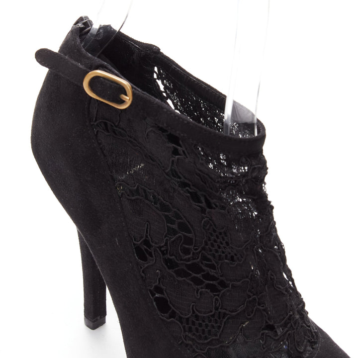 DOLCE GABBANA black suede floral lace ankle high heel ankle booties EU36