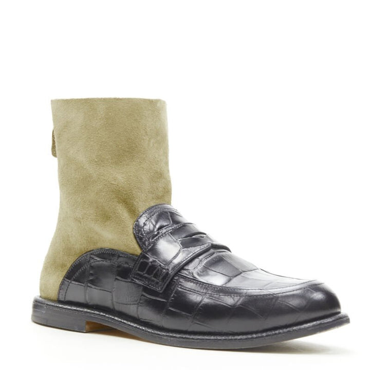 LOEWE black black scaled leather embossed brown suede sock loafer boot EU36