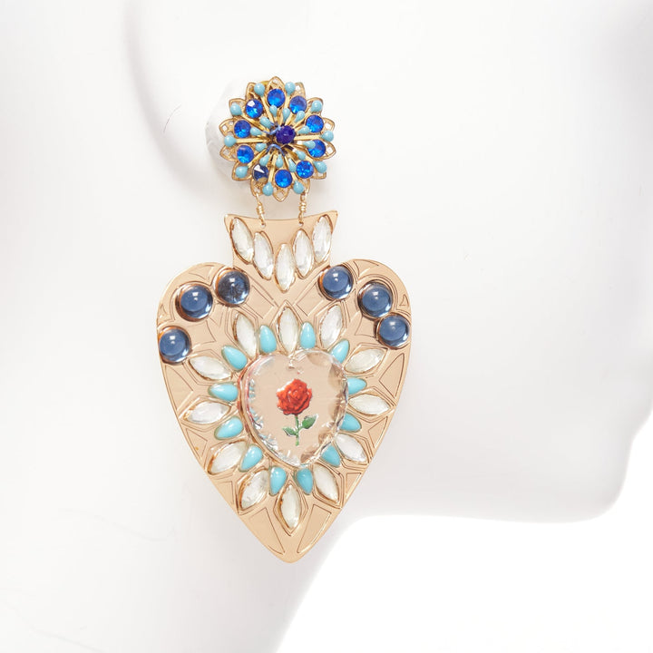 MERCEDES SALAZAR blue red heart resin crystal rose dangling clip on earrings