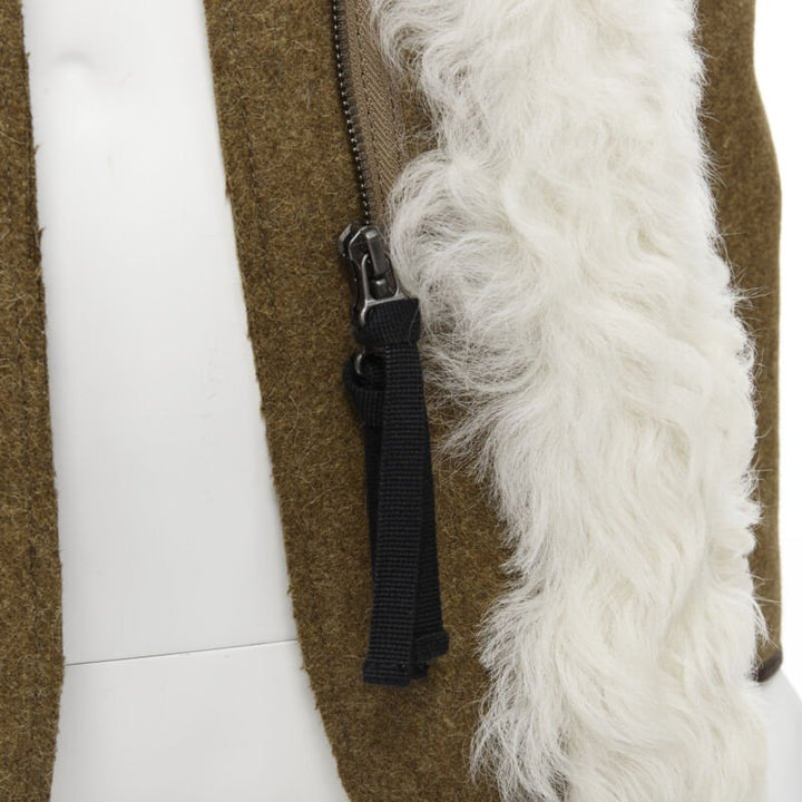 MARNI 2011 cream lamb shearling fur brown wool sleeves winter coat IT38 XS