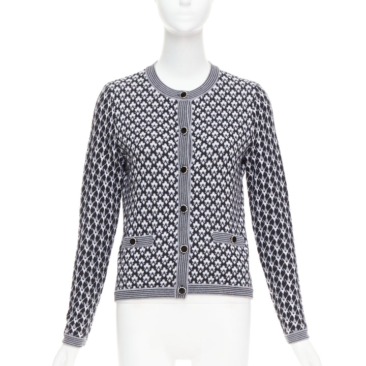 CHANEL black white cashmere velvet buttons crew cardigan FR38 M