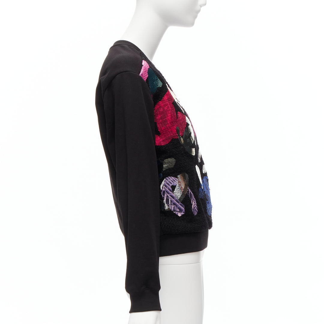 CHANEL 2022 Runway metallic CC logo graphic black tweed crew sweater FR34 XS