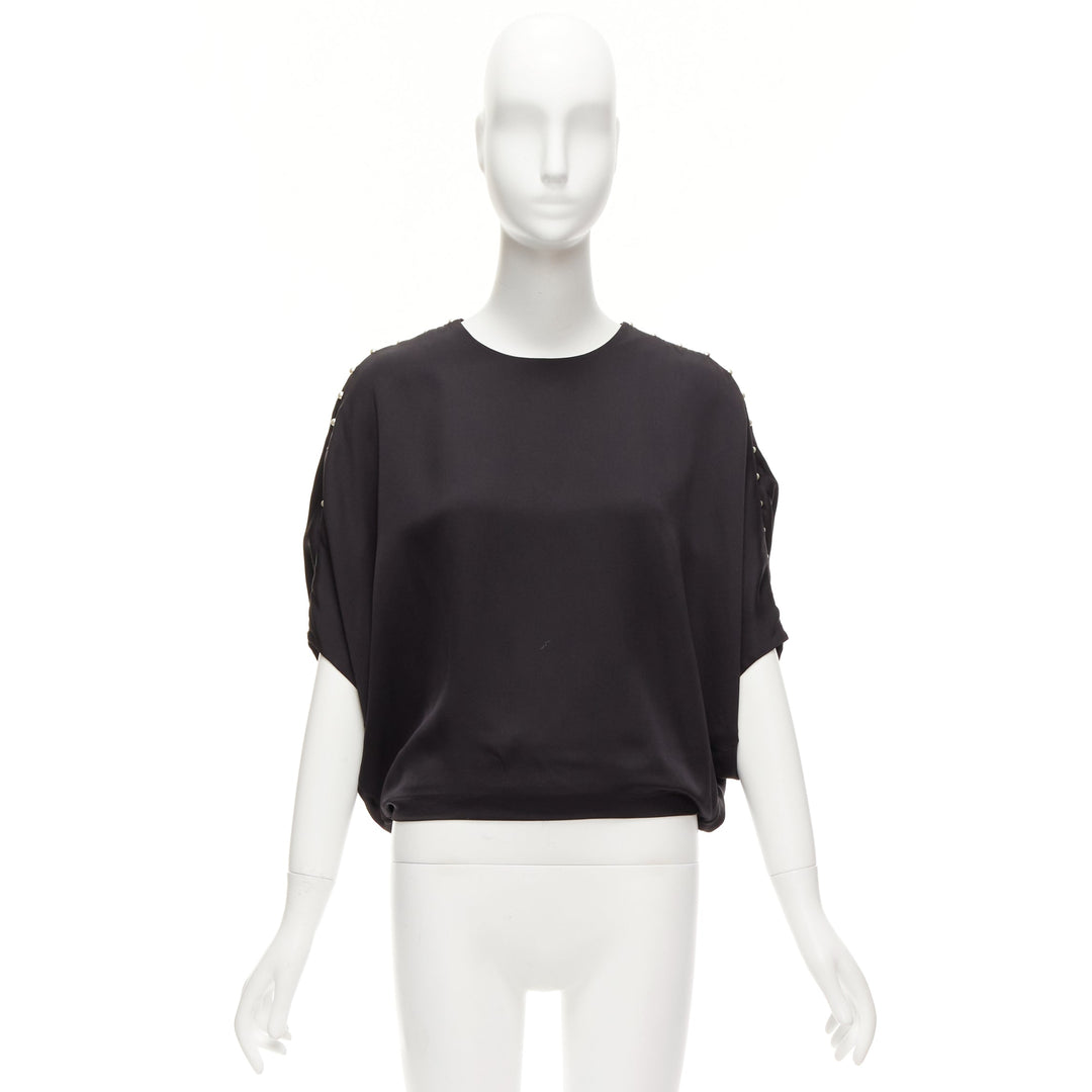 CHLOE 100% silk black pearl embellished lattice dolman top FR34 XS