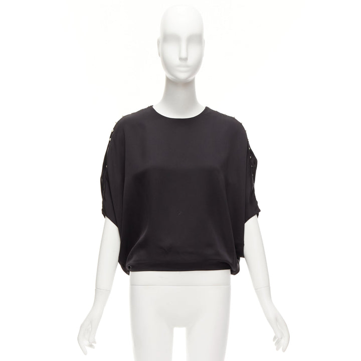 CHLOE 100% silk black pearl embellished lattice dolman top FR34 XS