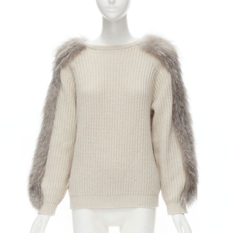 BRUNELLO CUCINELLI beige 100% cashmere grey fox fur sleeve waffle knit sweater M