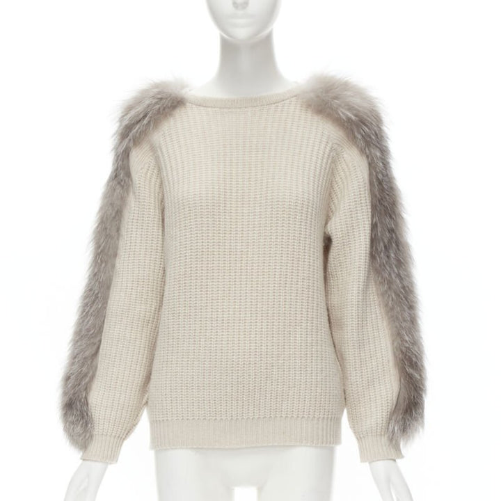 BRUNELLO CUCINELLI beige 100% cashmere grey fox fur sleeve waffle knit sweater M