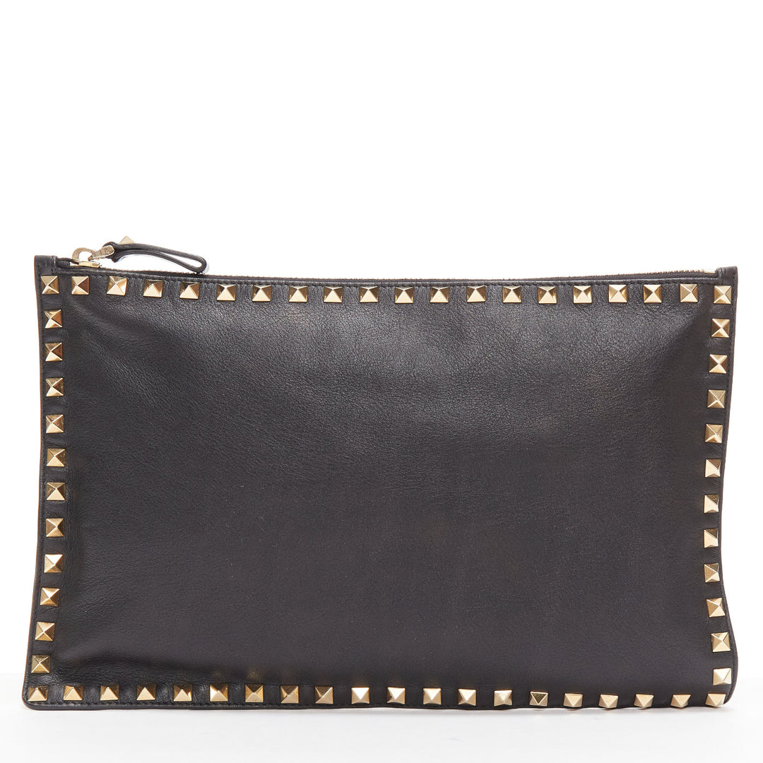 VALENTINO Rockstud black gold round studs logo triangle flat clutch bag