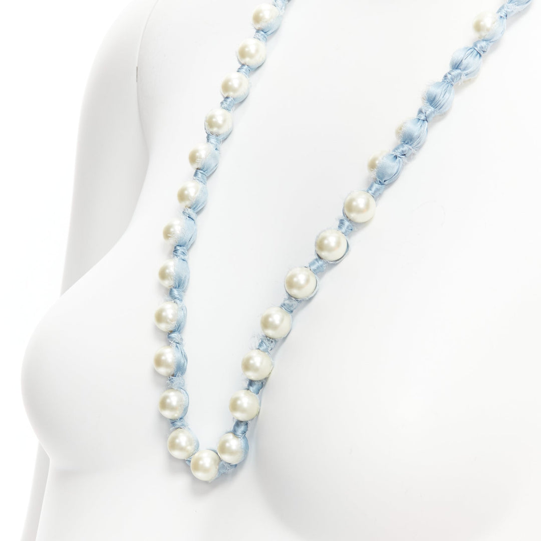 LANVIN ALBER ELBAZ cream pearl blue silk ribbon wrap long necklace