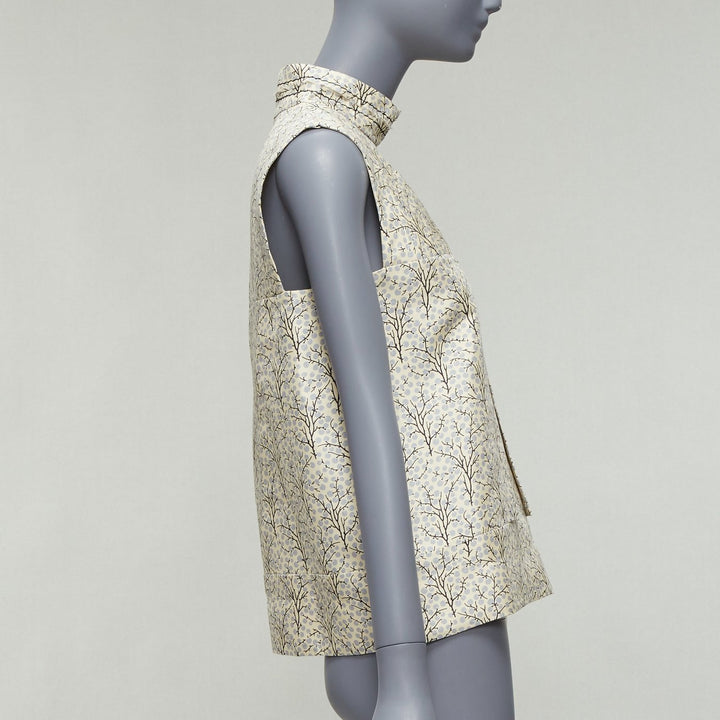 MARNI cream tree print cotton silk lined hi collar angular armhole vest IT40 S