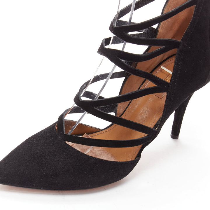 AQUAZZURA Electric black suede criss cross strappy booties pump EU38