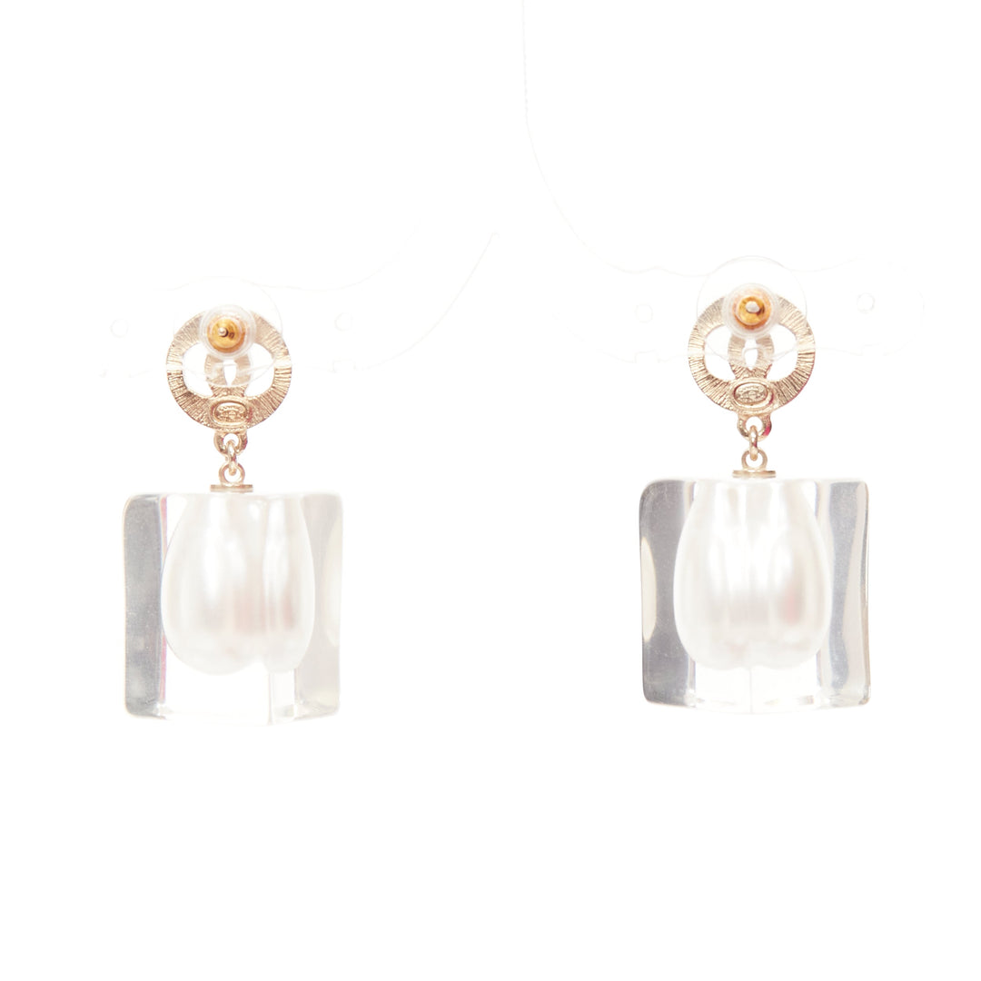 CHANEL A19K CC crystal clear acrylic encased white pearl pin earrings Pair