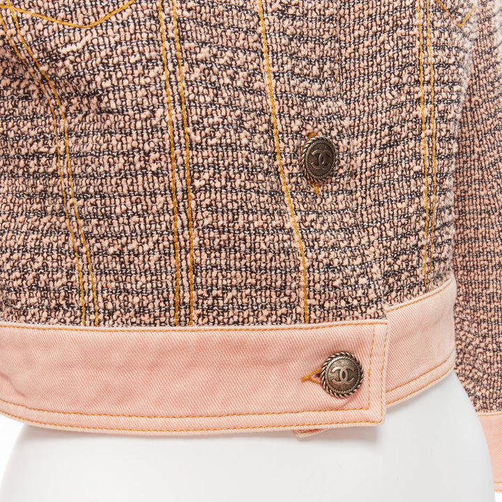 rare CHANEL 2018 Runway pink denim trim tweed CC button cropped jacket FR36 S