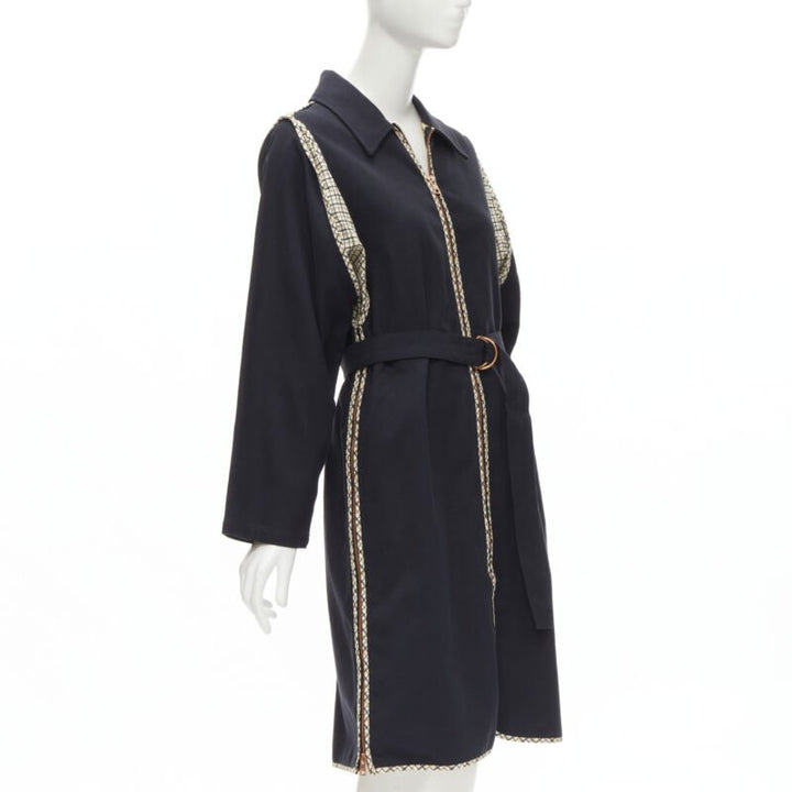 SEE BY CHLOE 2019 black check trim side zip belted car coat FR36 S