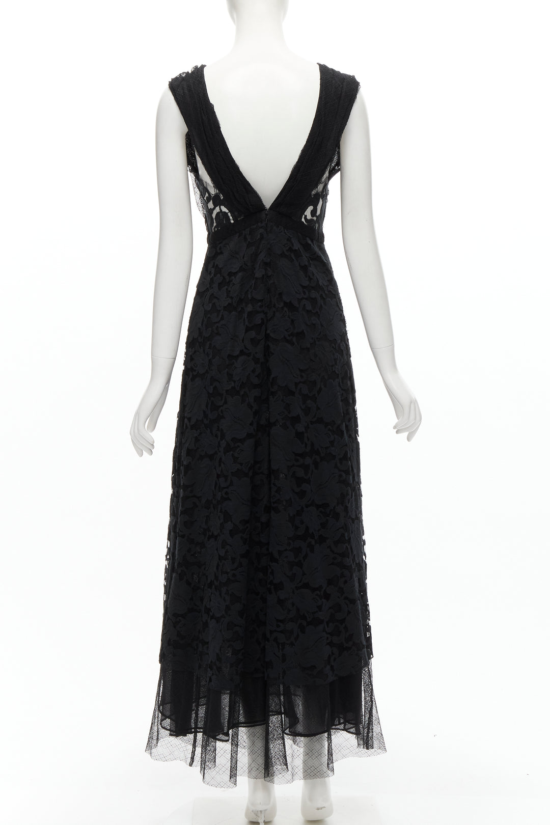 ADAM LIPPES black plunge illusion lace neckline empire waist layered gown US6 M