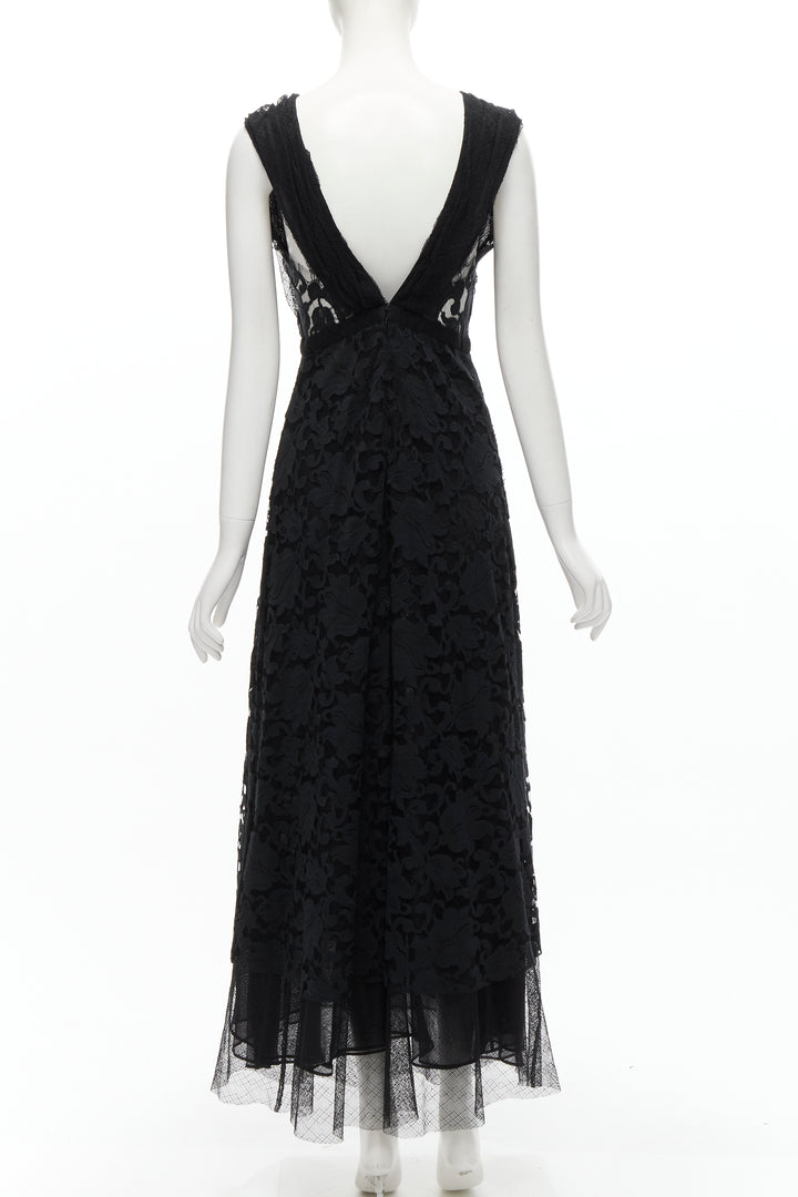 ADAM LIPPES black plunge illusion lace neckline empire waist layered gown US6 M