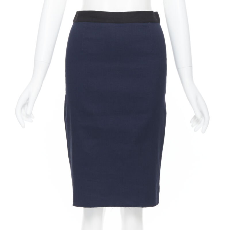 LANVIN ALBER ELBAZ 2014 navy blue linen blend exposed zip pencil skirt FR34 26"