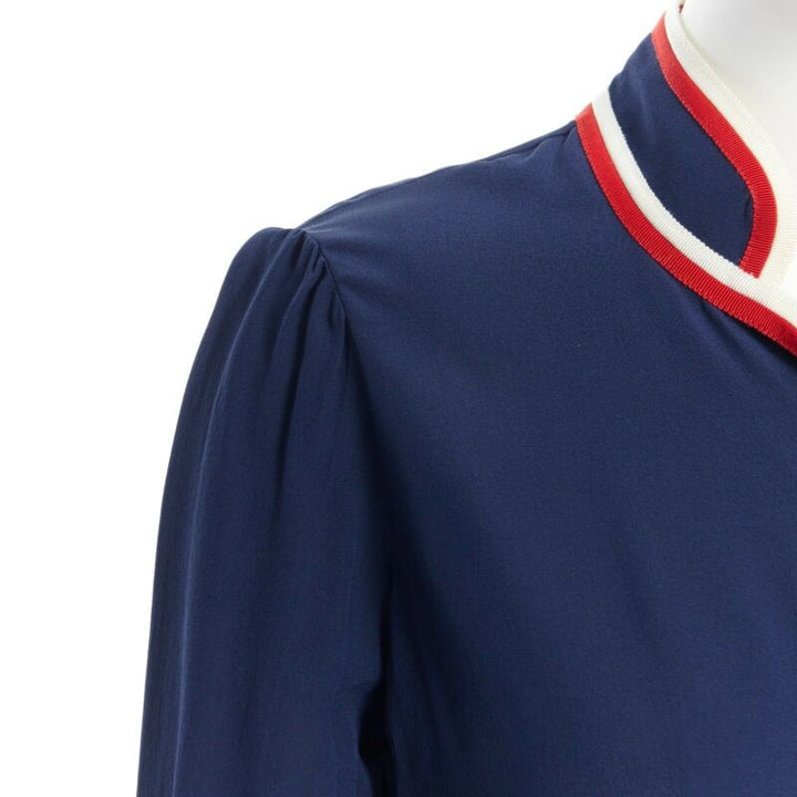 GUCCI navy tricolour ladybird ladybug embellish brooch badge silk shirt IT36 XXS