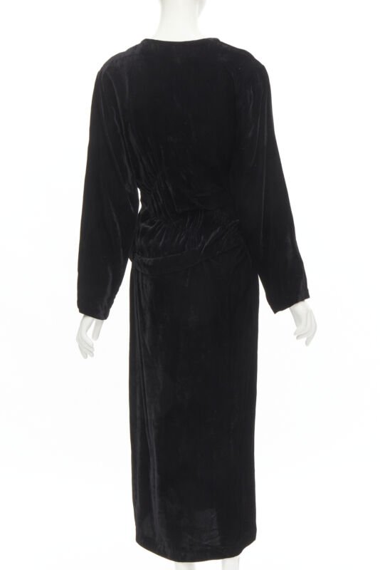 COMME DES GARCONS 1980's Vintage black velvet irregular shirred midi dress M