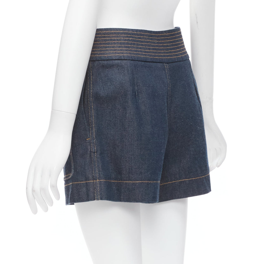 CHLOE blue cotton raw denim yellow topstitched cargo pocket shorts FR36 S