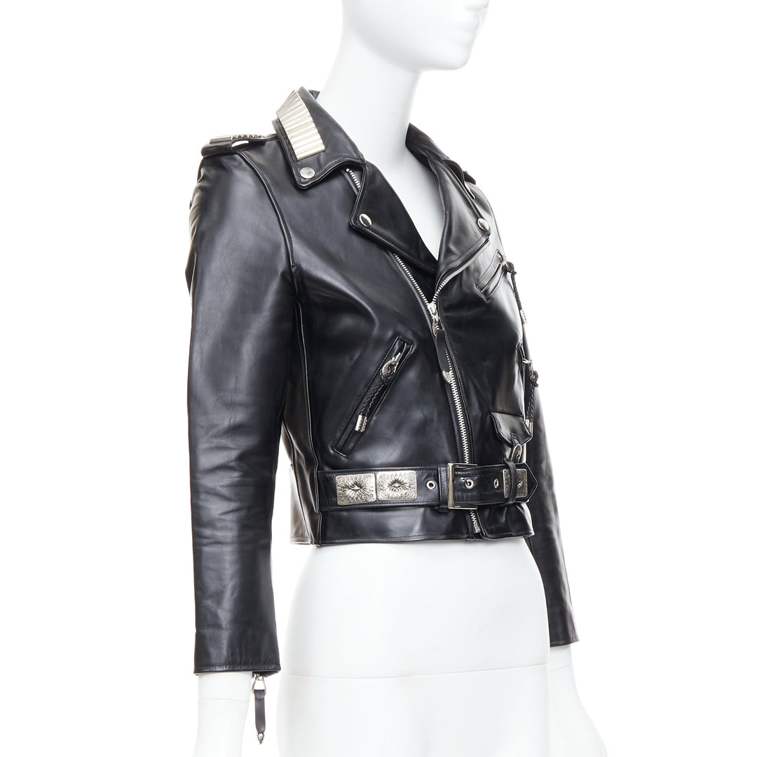 TOGA PULLA black cowhide leather silver logo charm zip crop biker FR36 S