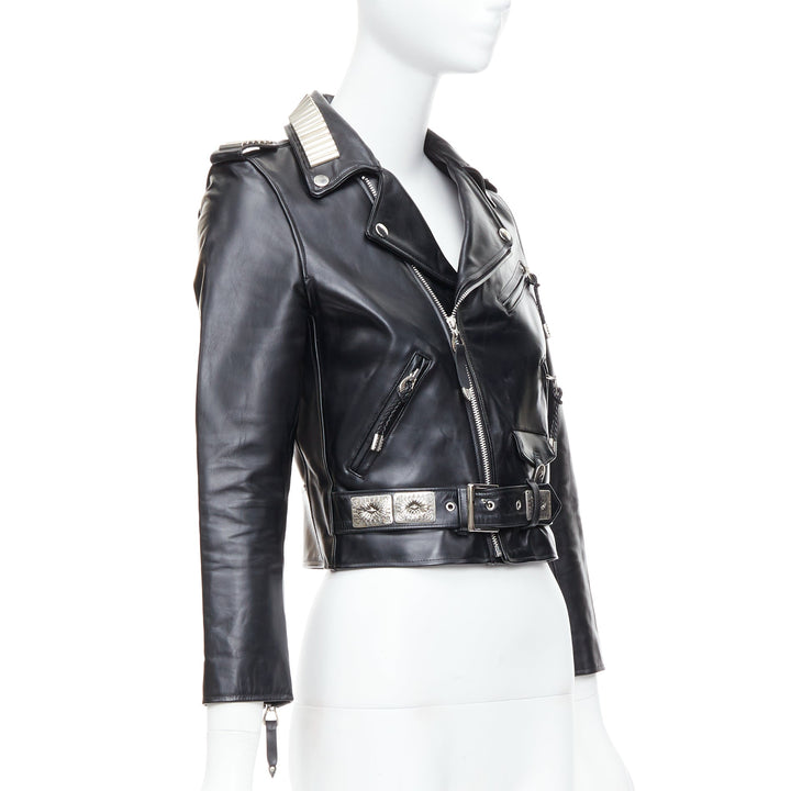TOGA PULLA black cowhide leather silver logo charm zip crop biker FR36 S