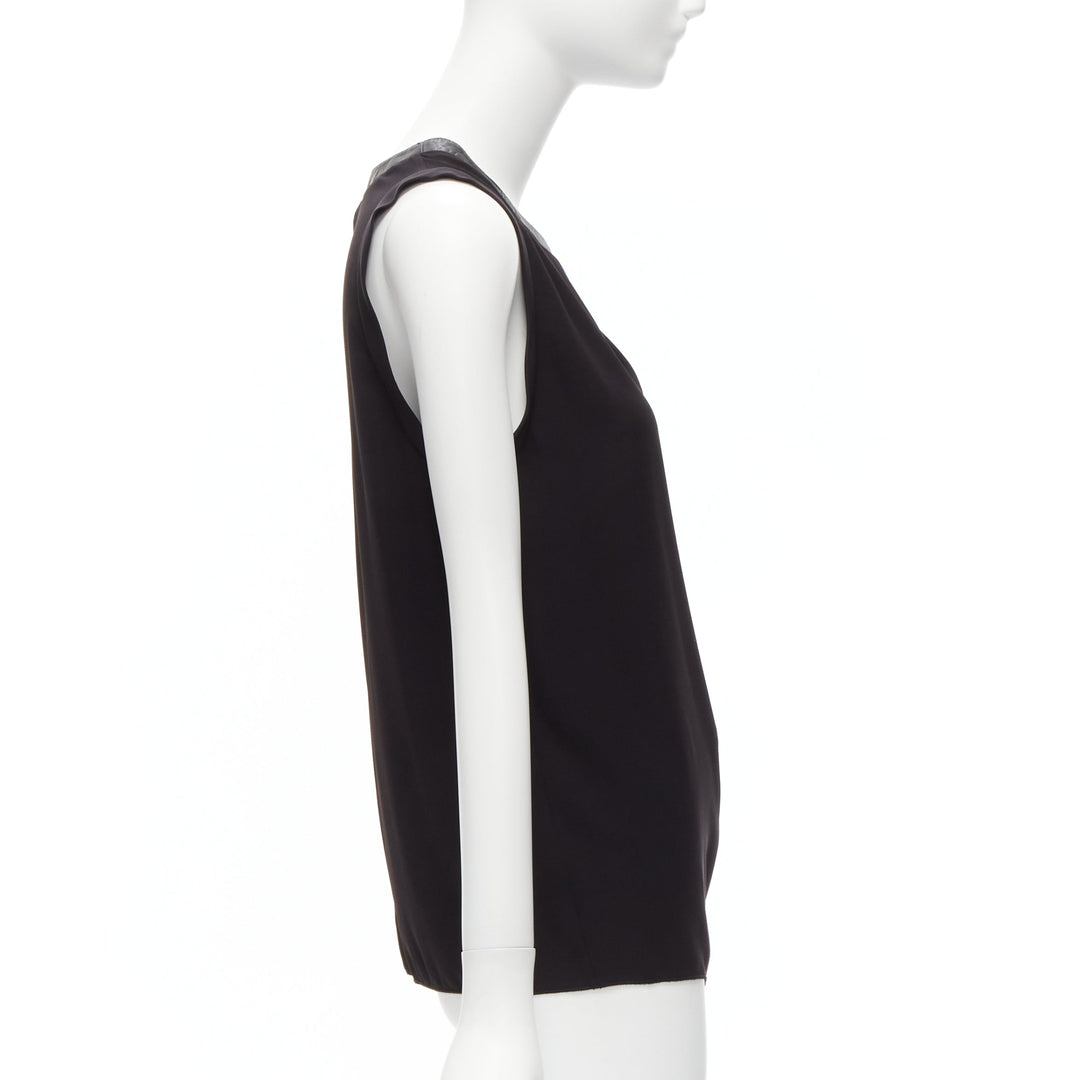 DION LEE black leather trim round collar silky drape sleeveless tank top AUS6 XS