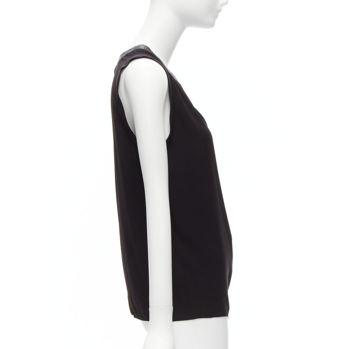 DION LEE black leather trim round collar silky drape sleeveless tank top AUS6 XS