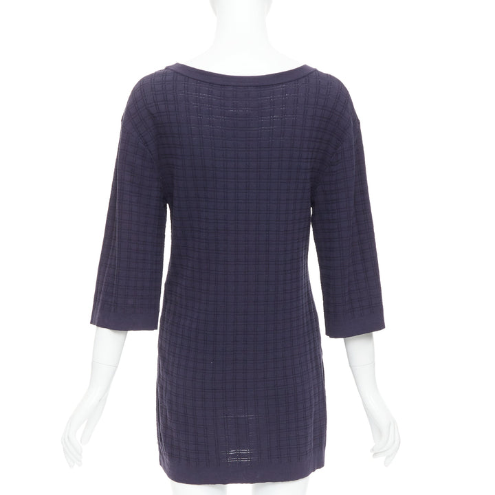 CHANEL navy cotton grid knit gold CC button 2 pocket mini dress FR36 S