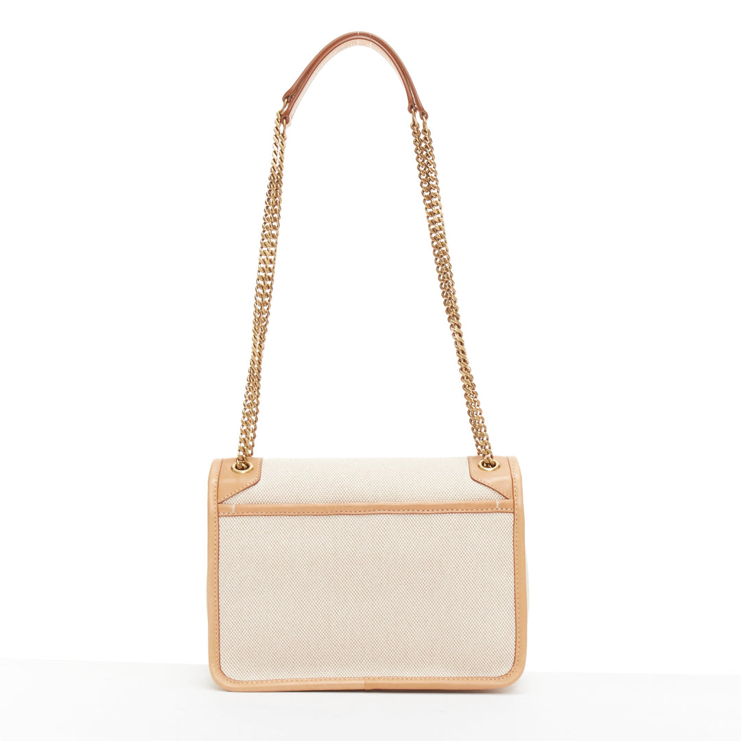 SAINT LAURENT Niki beige canvas brown leather trim logo flap crossbody chain bag