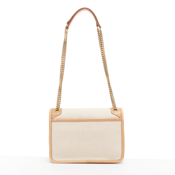SAINT LAURENT Niki beige canvas brown leather trim logo flap crossbody chain bag