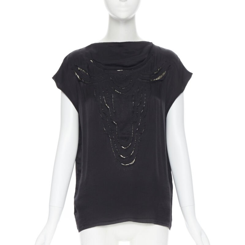 LANVIN ALBER ELBAZ 2009 black silk lurex gold cut out cap sleeve top FR36 XS