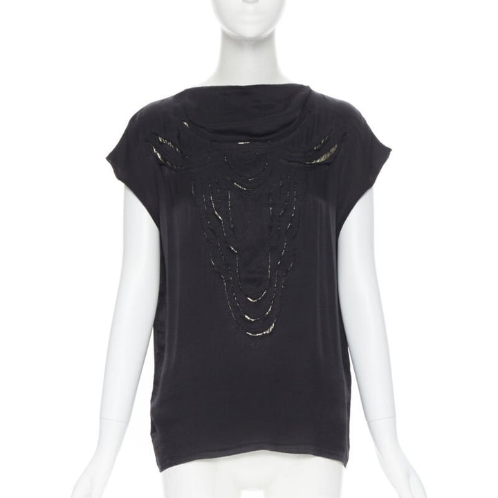 LANVIN ALBER ELBAZ 2009 black silk lurex gold cut out cap sleeve top FR36 XS