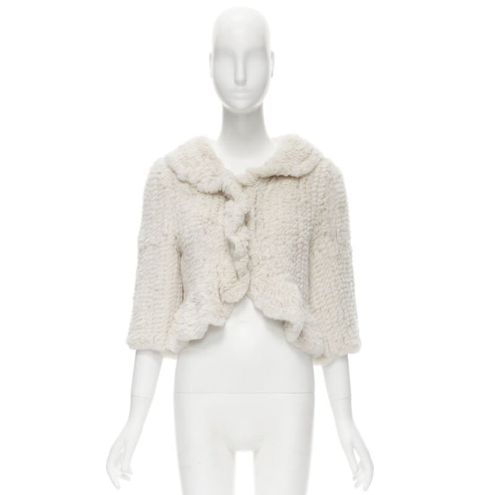 MATTHEW WILLIAMSON beige rabbit fur ruffle collar 3/4 sleeve short jacket UK8 XS