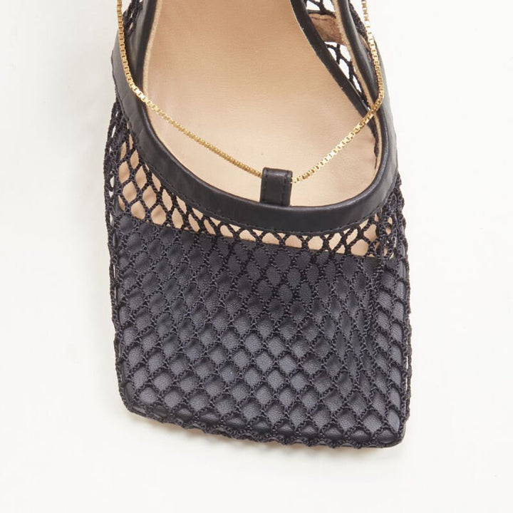 BOTTEGA VENETA DANIEL LEE black net mesh square toe gold chain heel  EU38.5