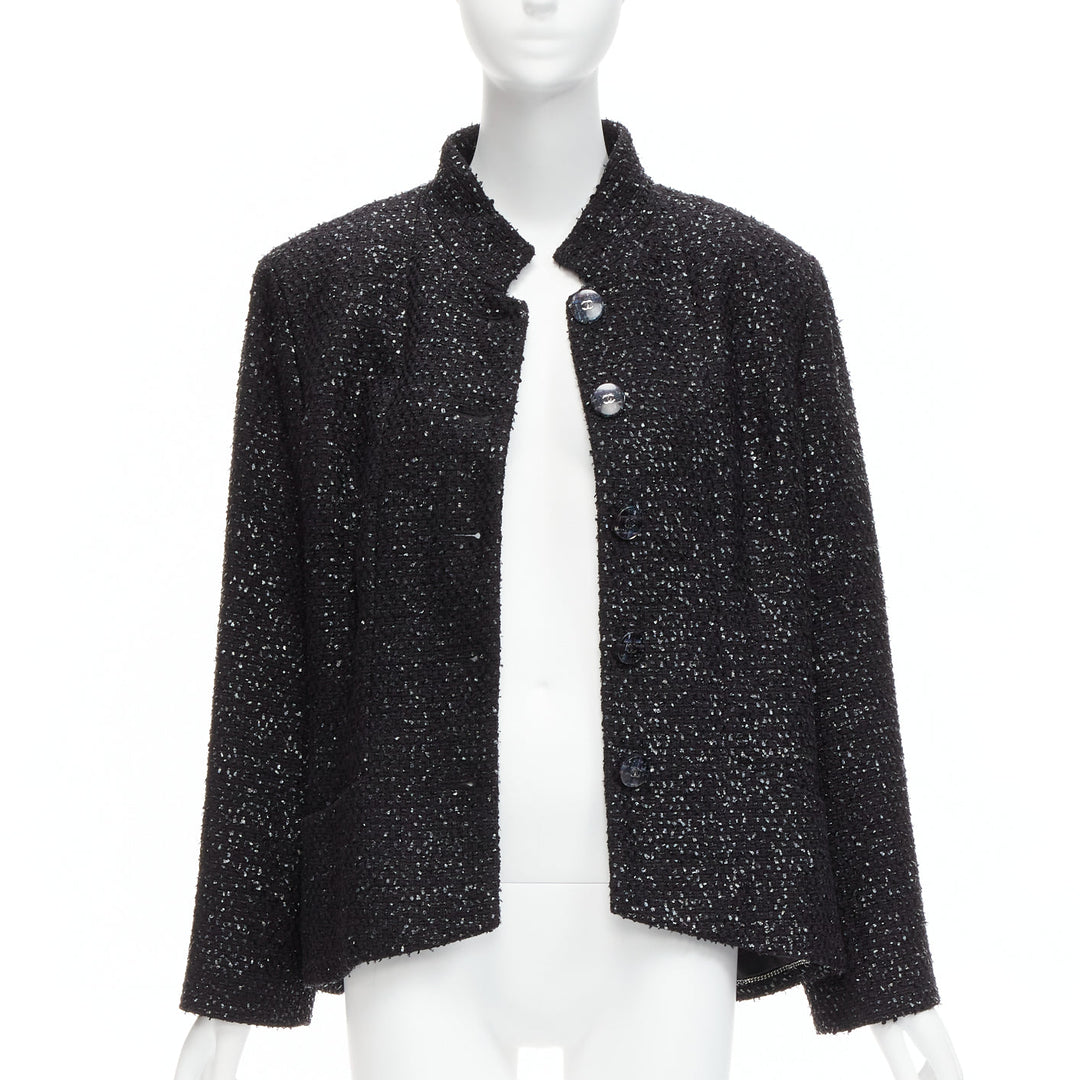 CHANEL 2019 Fantasy Tweed black lurex CC logo button power jacket FR46 XXL