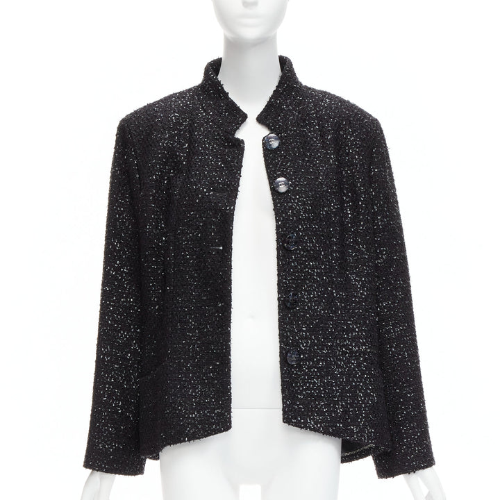 CHANEL 2019 Fantasy Tweed black lurex CC logo button power jacket FR46 XXL