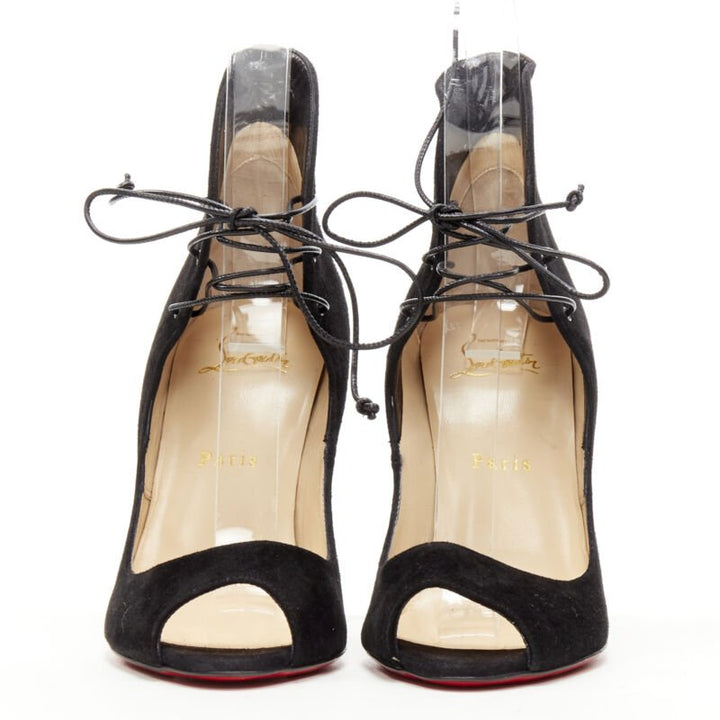 CHRISTIAN LOUBOUTIN Megavamp 120 black suede laced ankle peep heel EU37.5